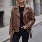 Briana Oversized Asymmetric Leather Moto Jacket in Brown