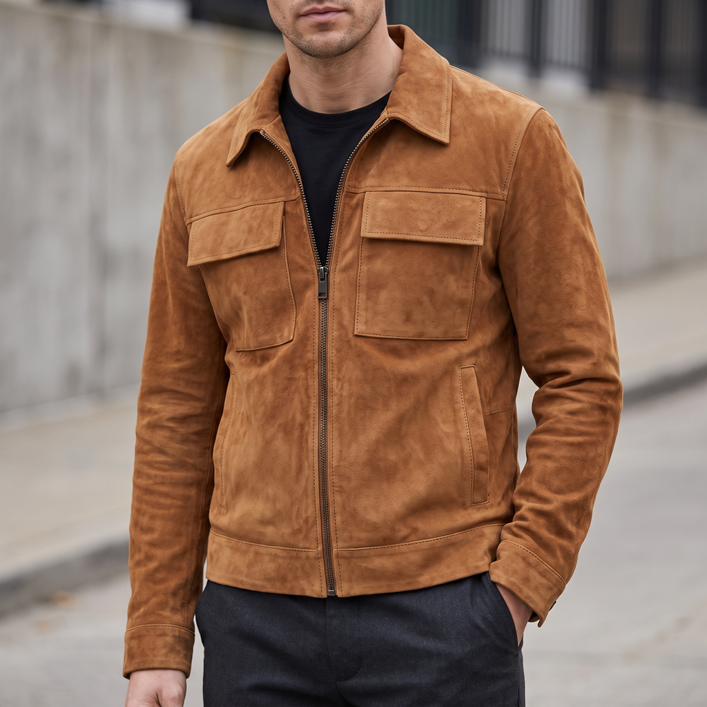 Banks Suede Zip Shirt Jacket in Cognac