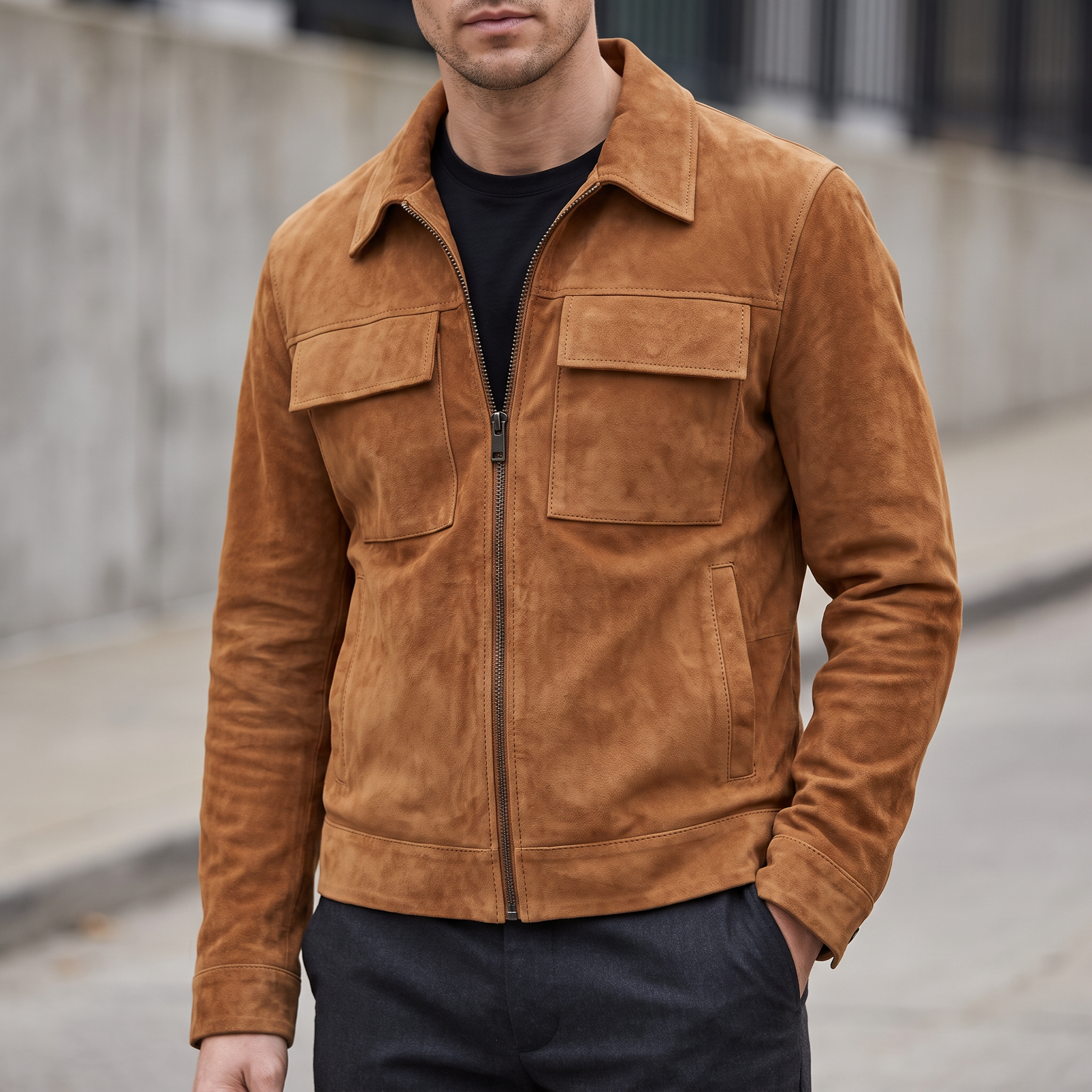 Banks Suede Zip Shirt Jacket in Cognac