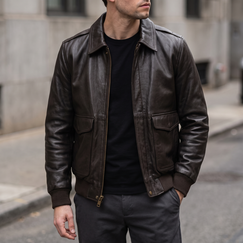 Chris Big & Tall Leather Bomber Jacket in Deep Brown