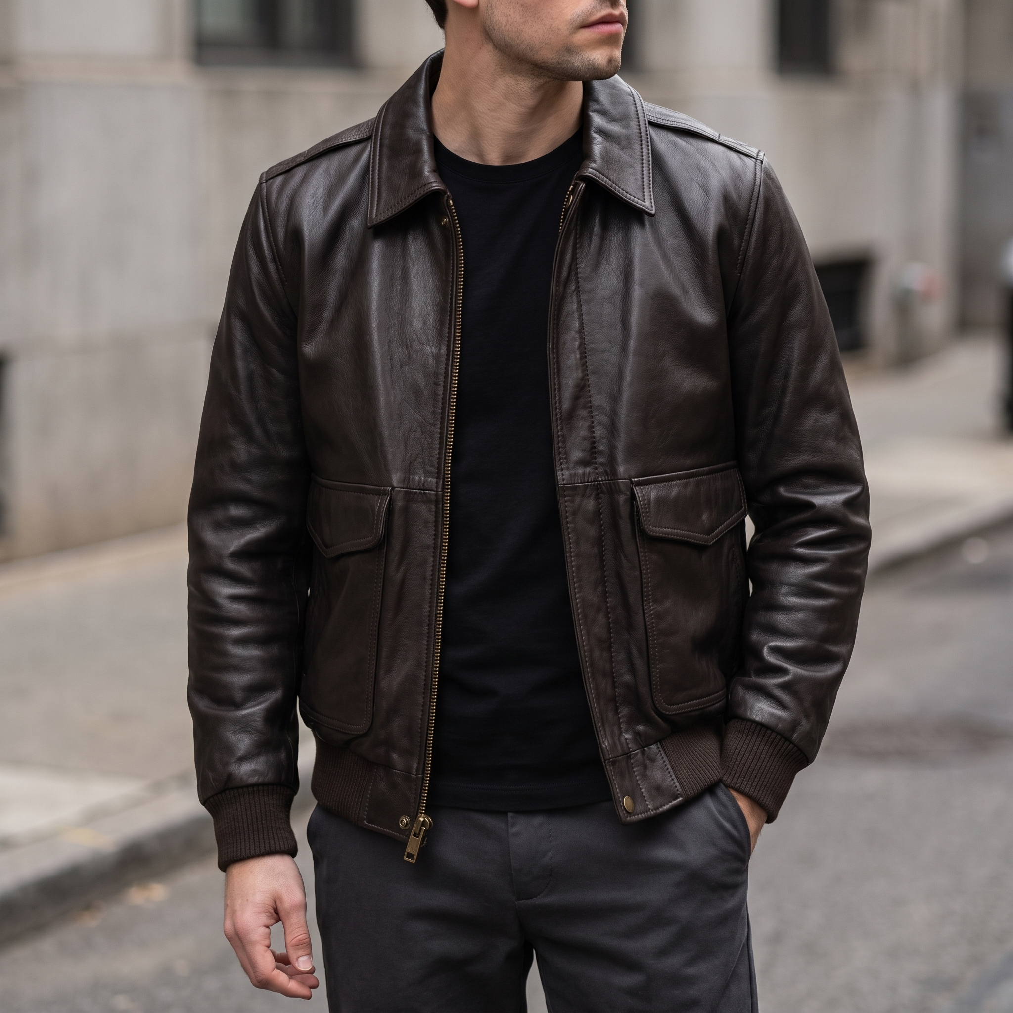 Chris Big & Tall Leather Bomber Jacket in Deep Brown