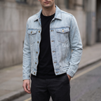 Chase Leather Denim Jacket in Light Blue Wash