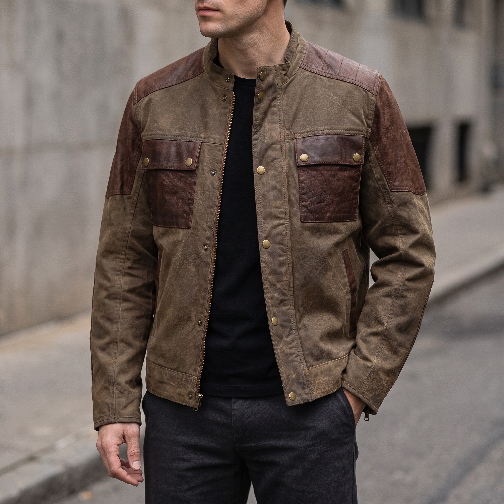 Dallas Vintage Color Block Moto Jacket in Brown