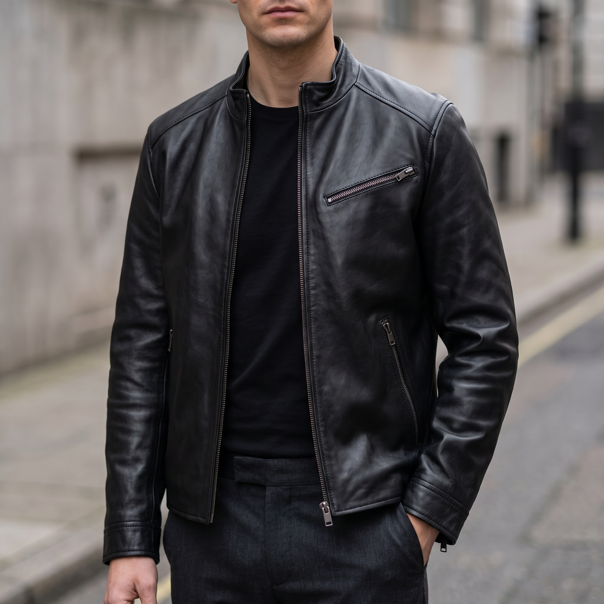 Classic Leather Racer Jacket in Black