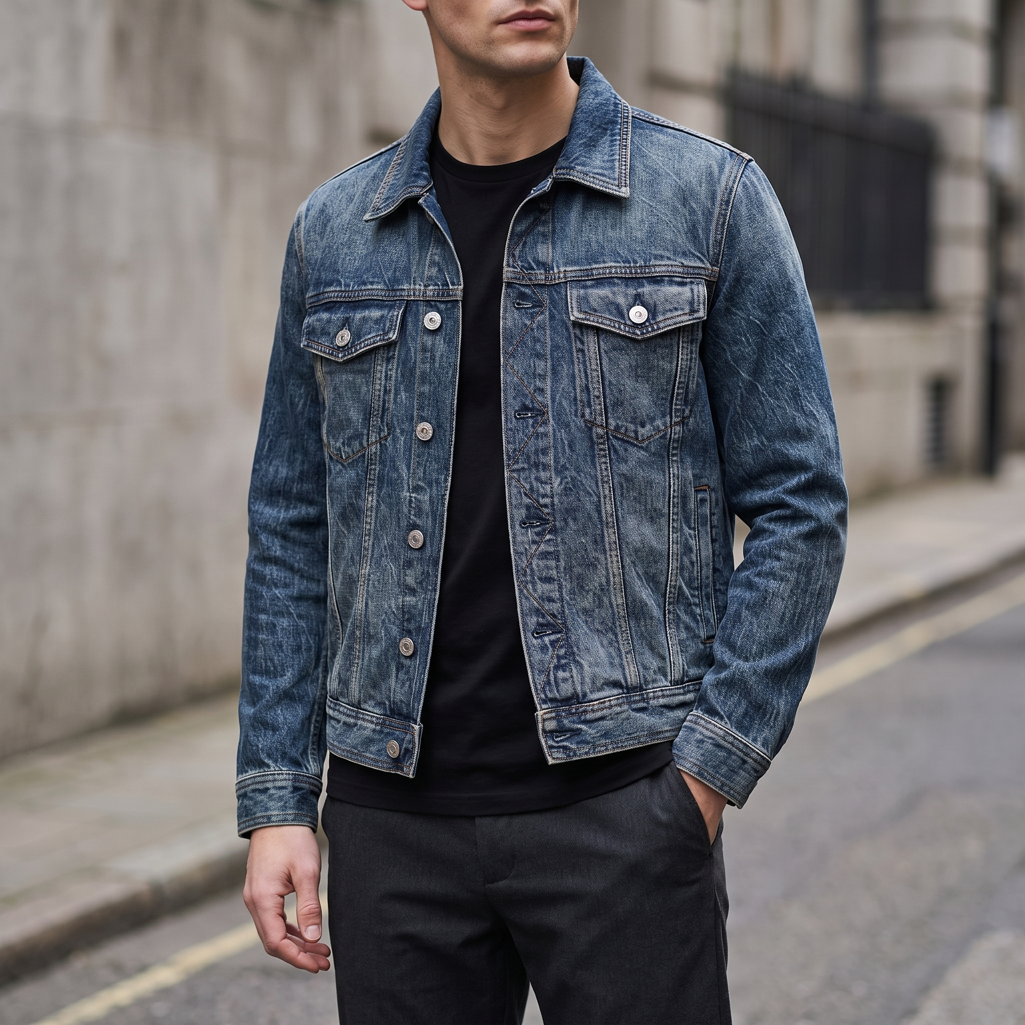 Chase Leather Denim Jacket in Denim