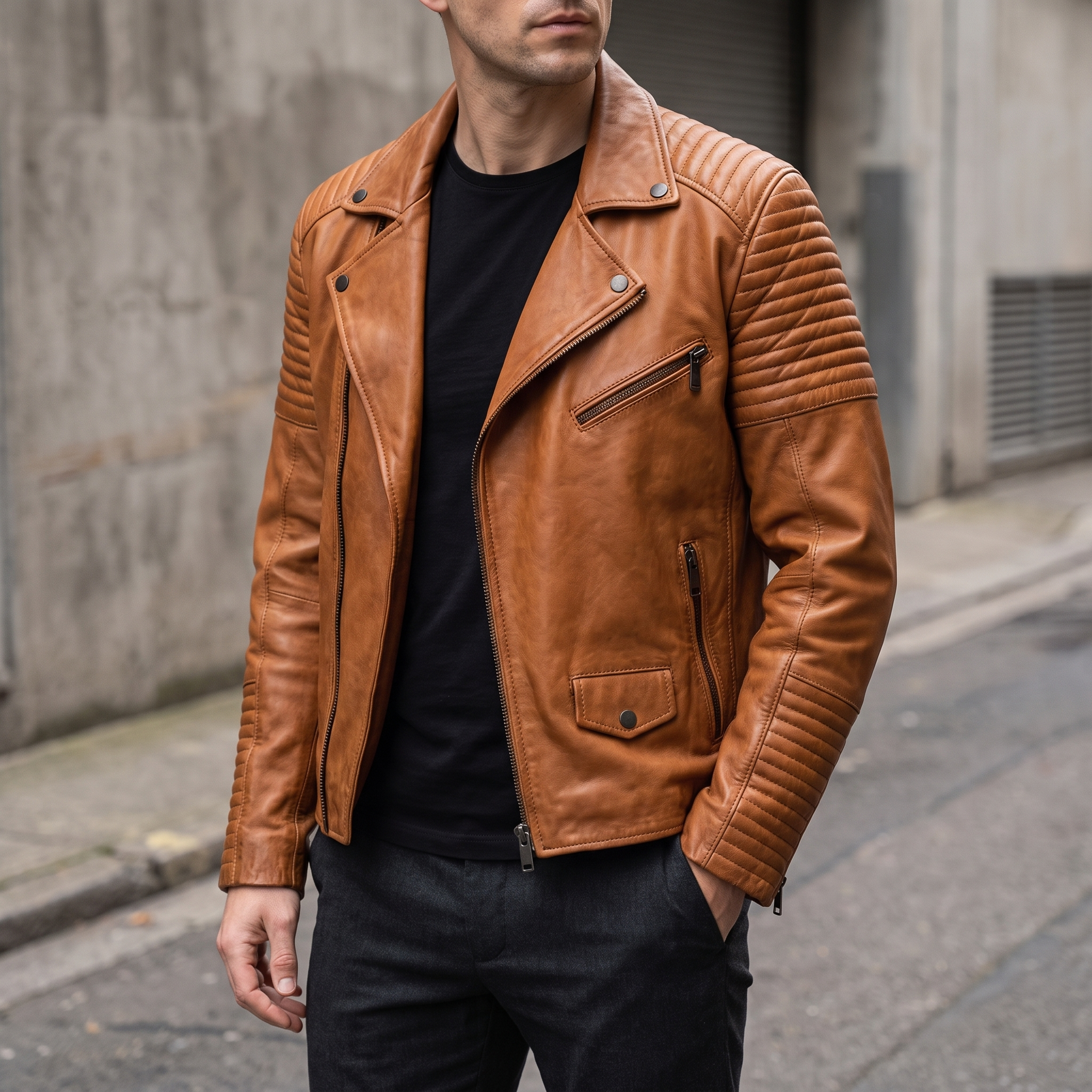Dom Padded Leather Moto Jacket in Cognac
