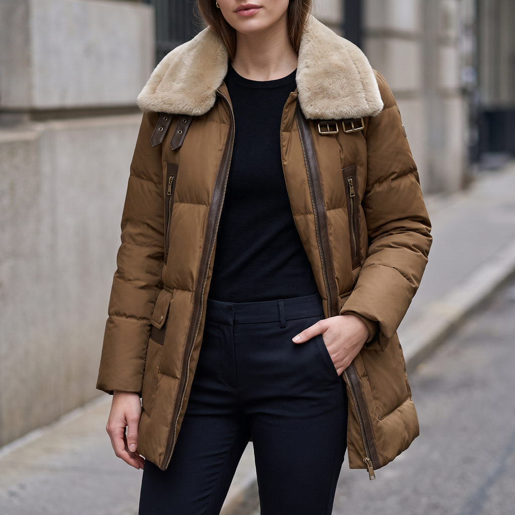 Dutton Down Parka with Leather Trim in Sepia