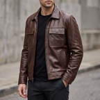 Emerson Leather Zip Shirt Jacket in Brown