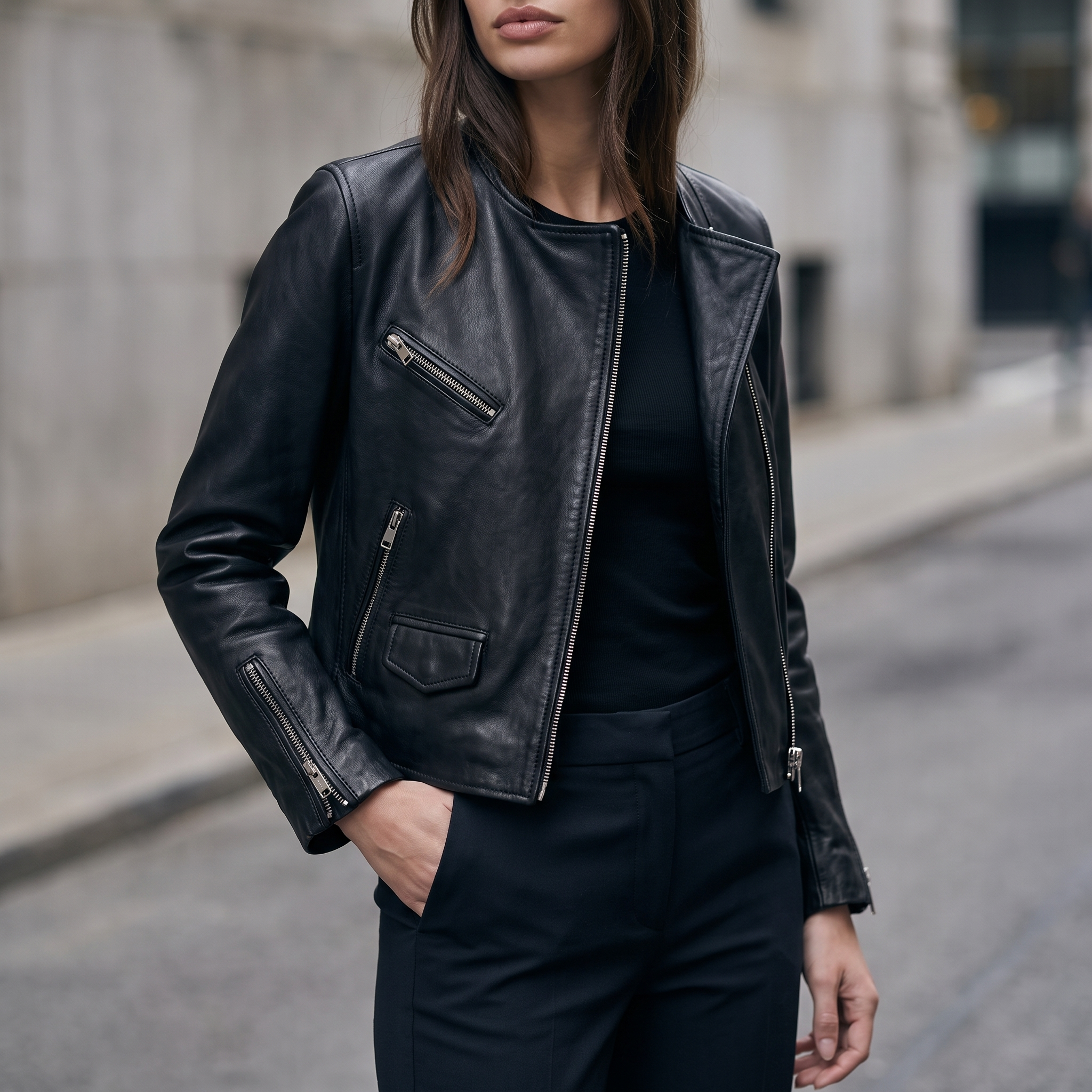 Eloise Vintage Collarless Moto Jacket in Black
