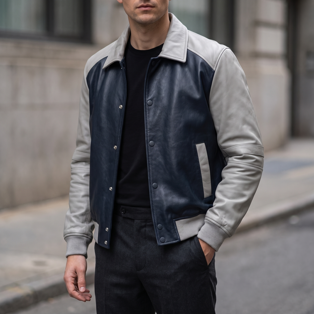 Bryson Leather Varsity Jacket in Navy/Grey
