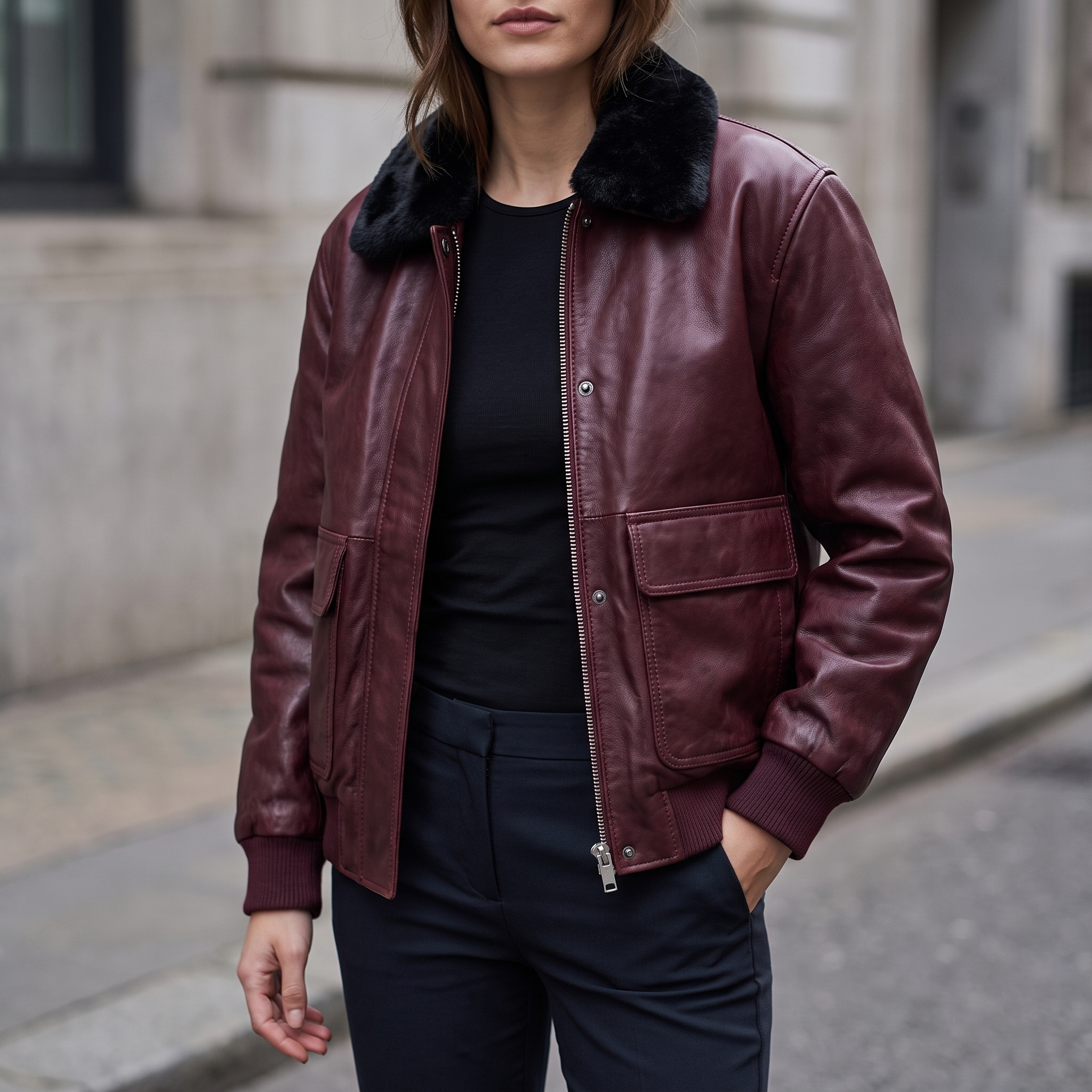 Everleigh Faux Fur Lined Bomber Jacket in Wine