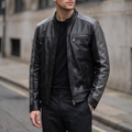 Ethan Leather Racer Jacket in Black/Grey