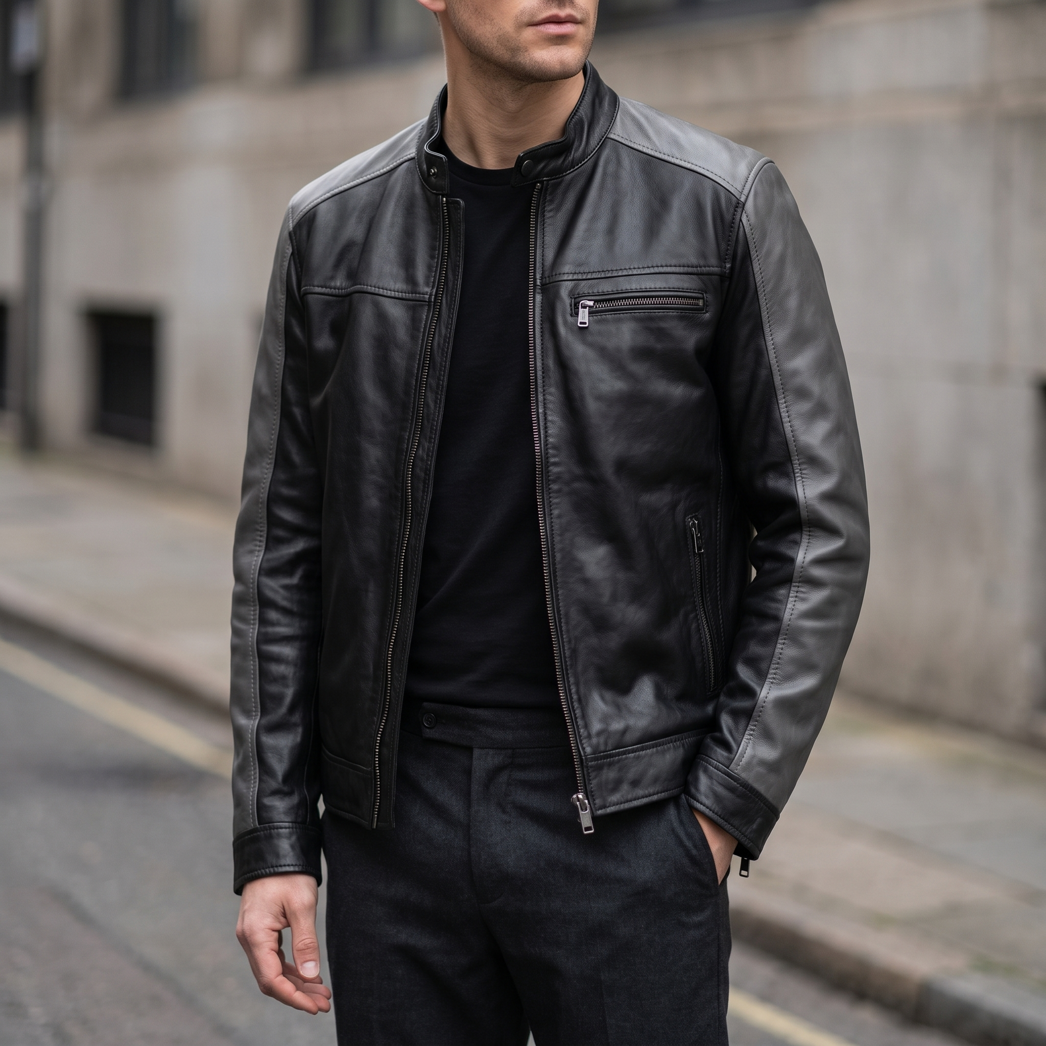 Ethan Leather Racer Jacket in Black/Grey