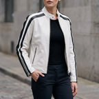 Gianna Leather Striped Racer Jacket in Wht/Black