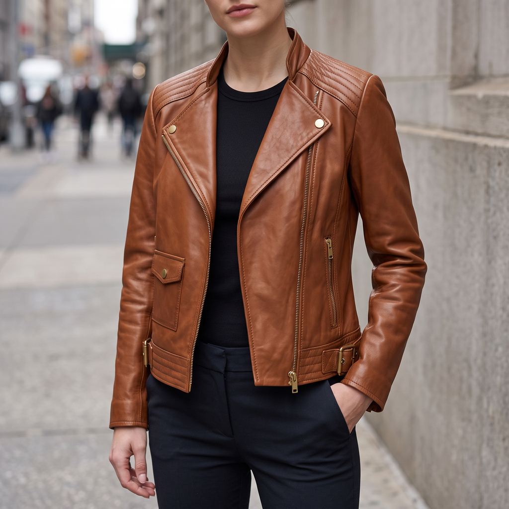 Frankie Leather Moto Jacket in Oak