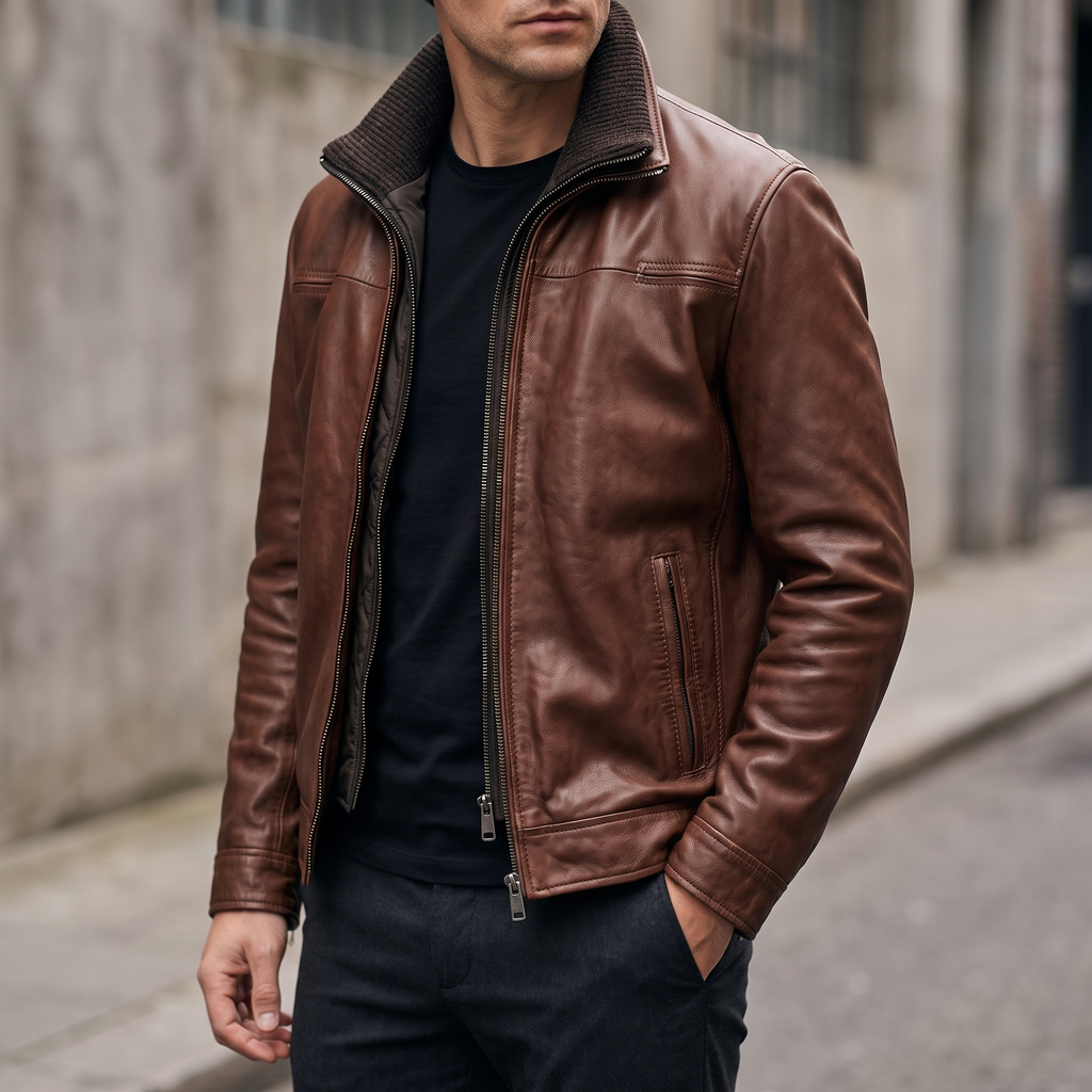 Jett Leather Jacket with Removable Hood in Brown