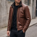 Jett Leather Jacket with Removable Hood in Brown