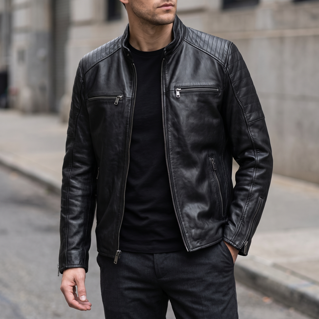 Lance Collarless Moto Jacket in Black