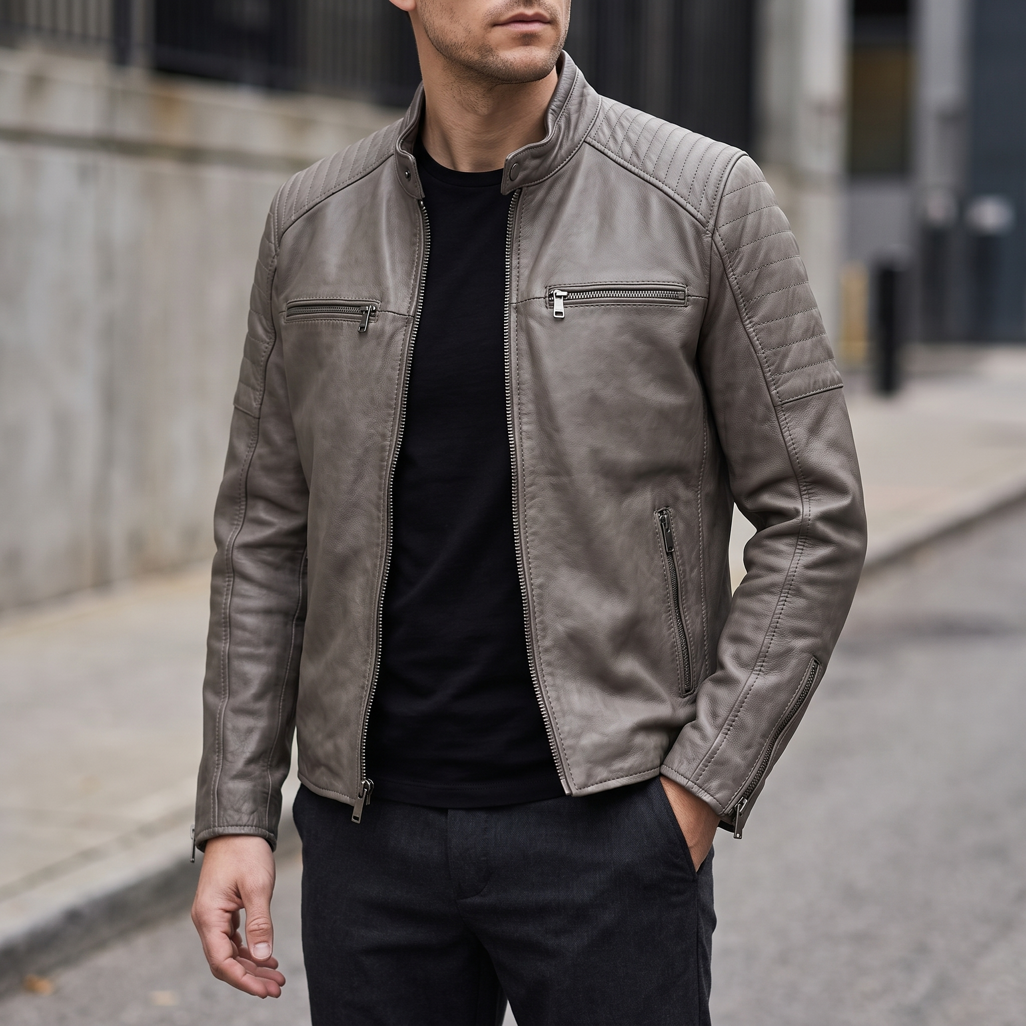 Lance Collarless Moto Jacket in Grey