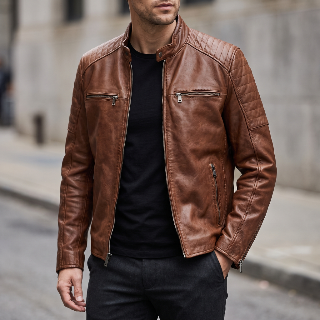 Lance Collarless Moto Jacket in Brown