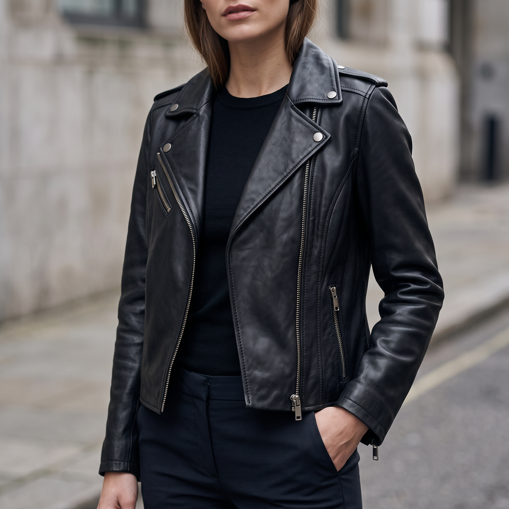 Madeline Asymmetrical Leather Moto Jacket in Black