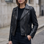 Madeline Asymmetrical Leather Moto Jacket in Black
