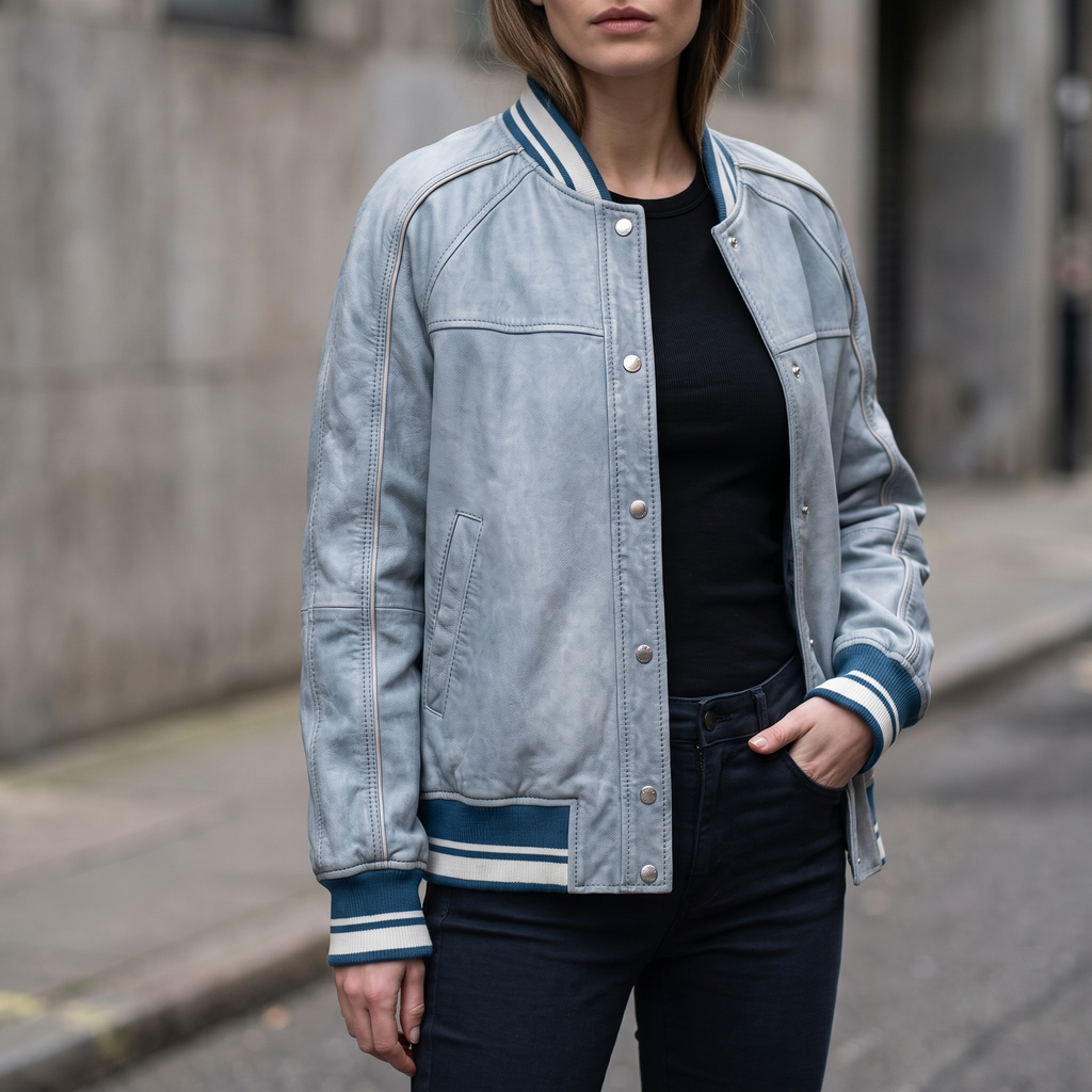 Lena Leather Denim Varsity Jacket in Light Blue Wash