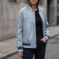 Lena Leather Denim Varsity Jacket in Light Blue Wash