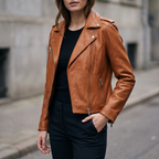 Madeline Asymmetrical Leather Moto Jacket in Cognac
