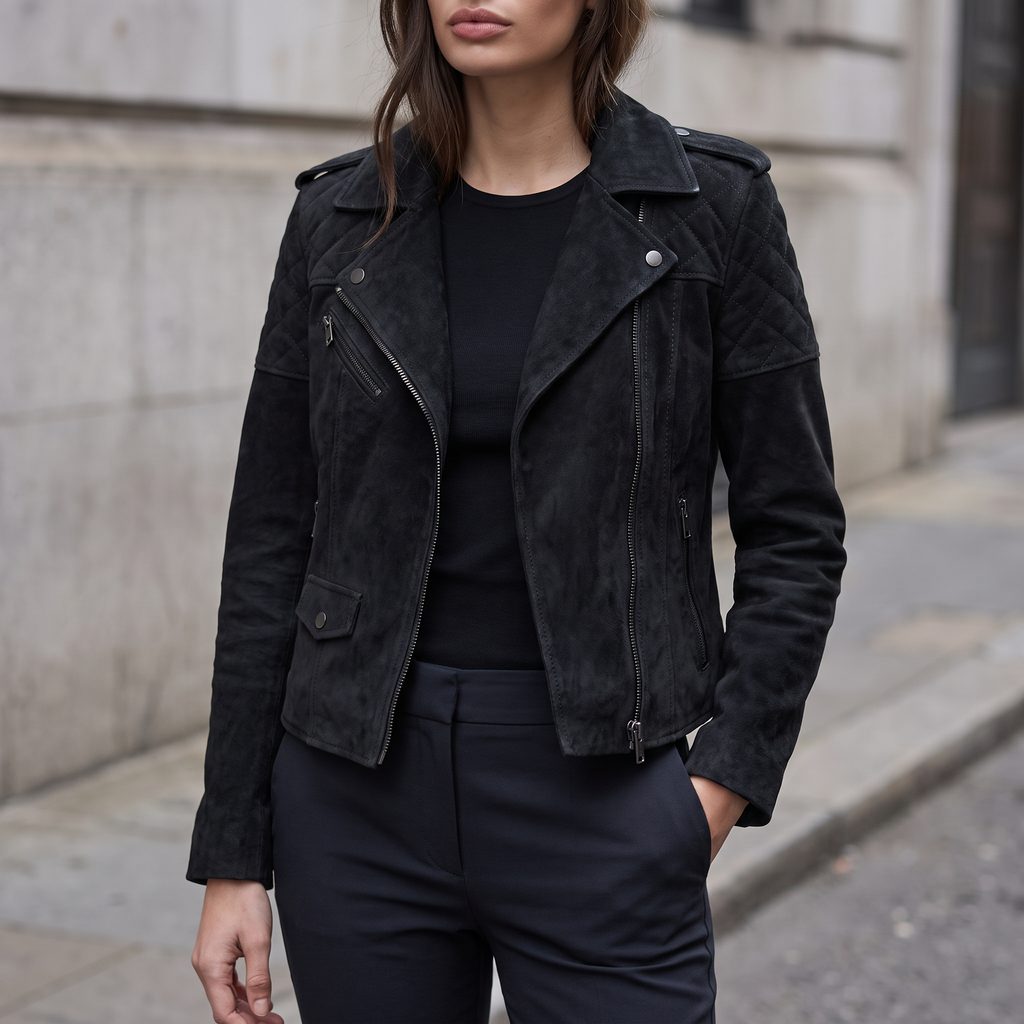 Madeline Suede Quilted Moto Jacket in Black