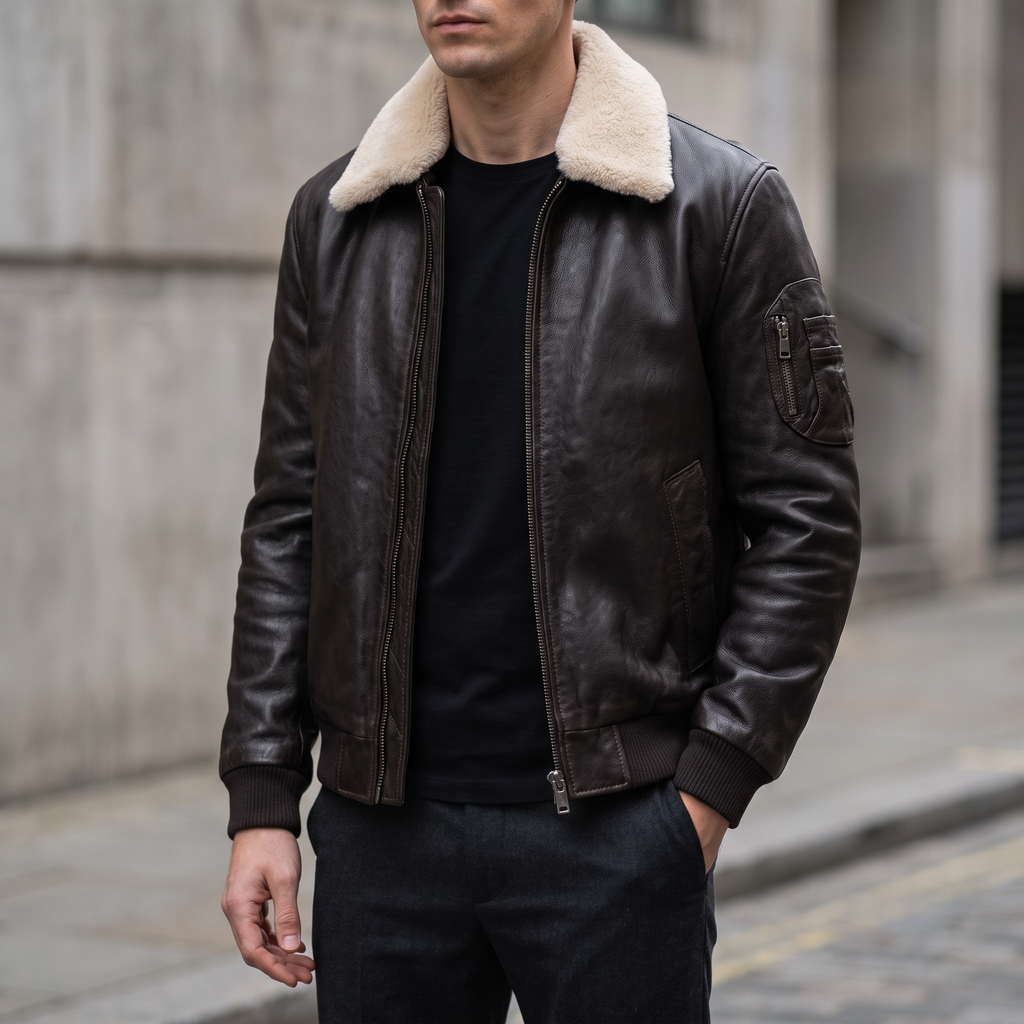 Jimmy Leather Aviator Bomber Jacket With Shearling Collar in Deep Brown