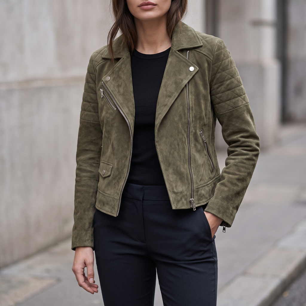 Madeline Suede Quilted Moto Jacket in Olive
