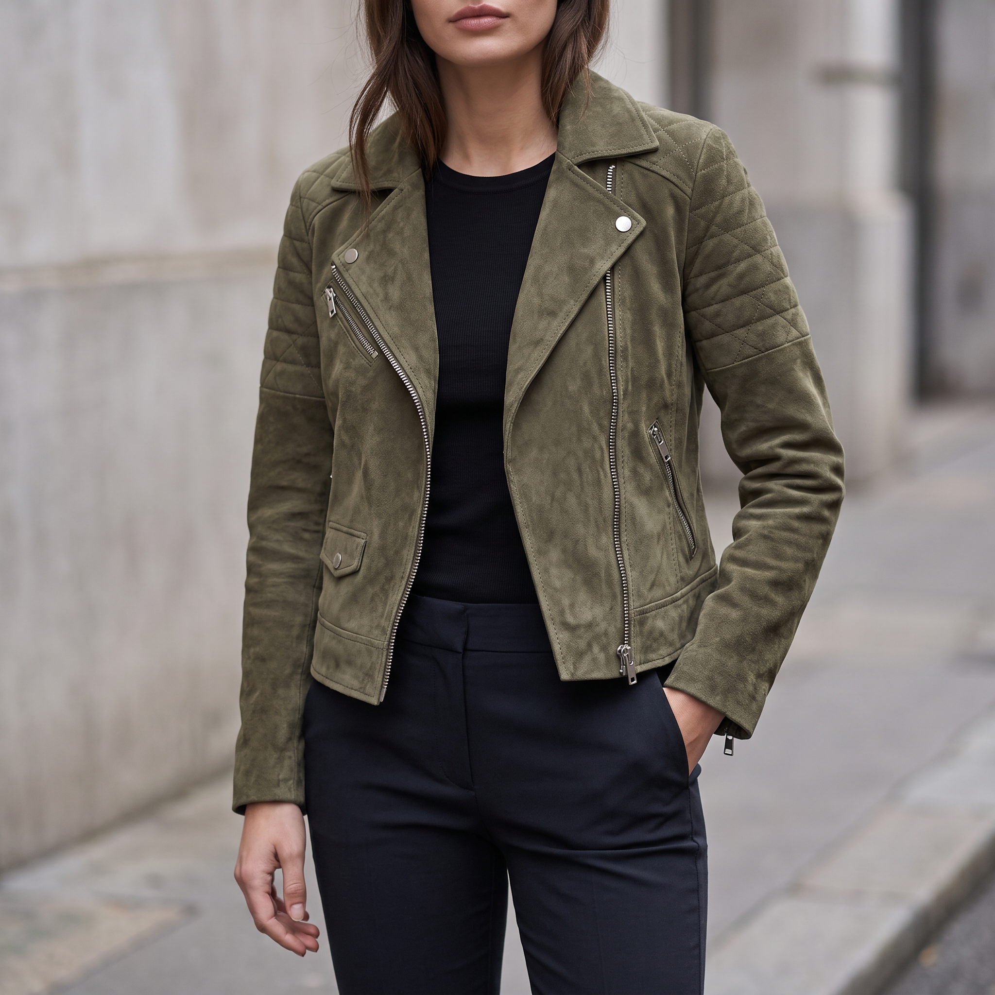 Madeline Suede Quilted Moto Jacket in Olive