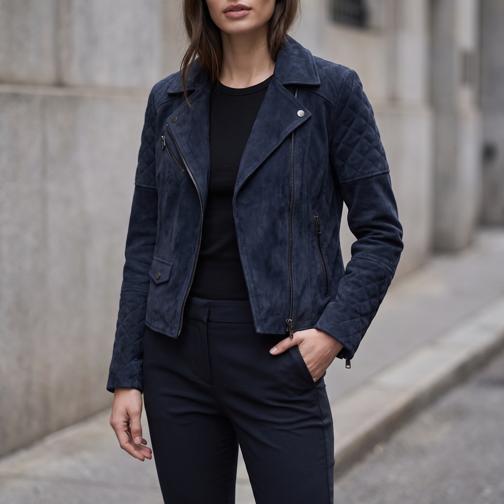 Madeline Suede Quilted Moto Jacket in Navy