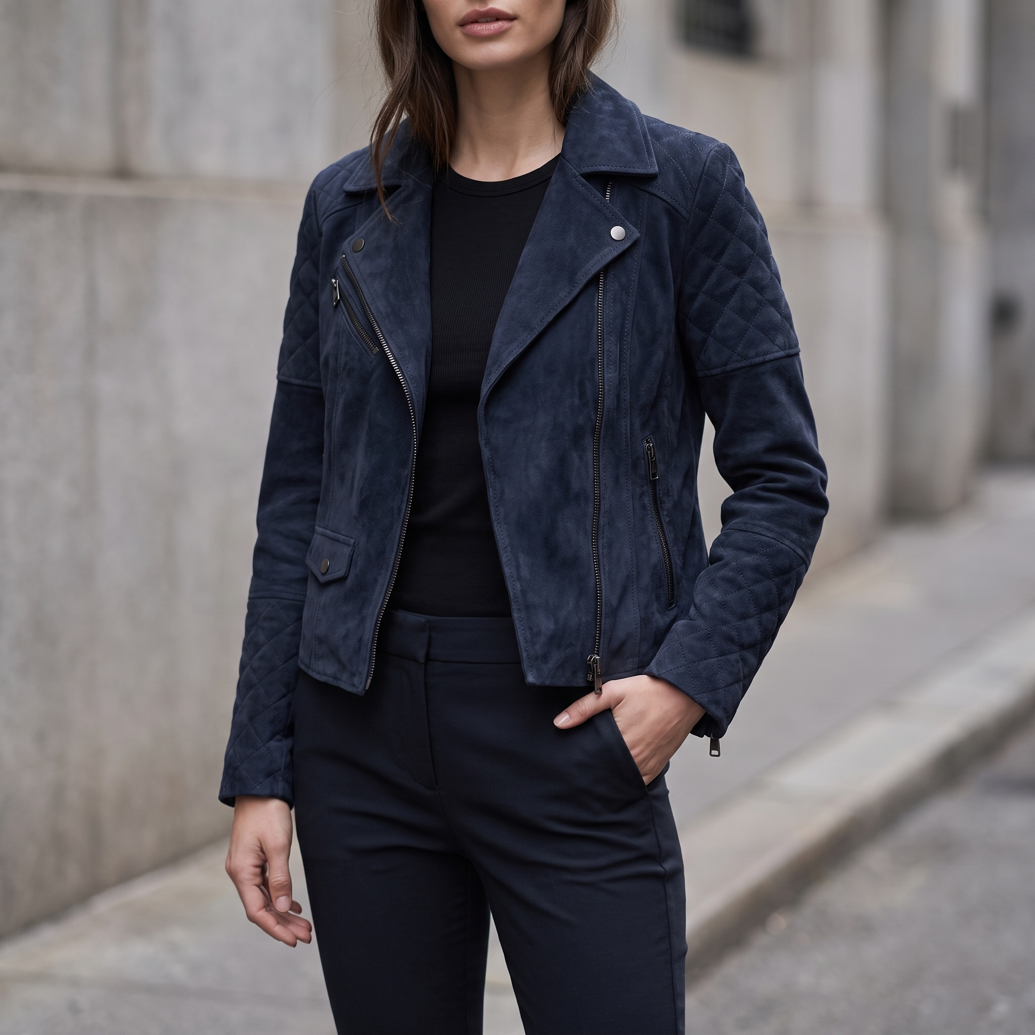 Madeline Suede Quilted Moto Jacket in Navy