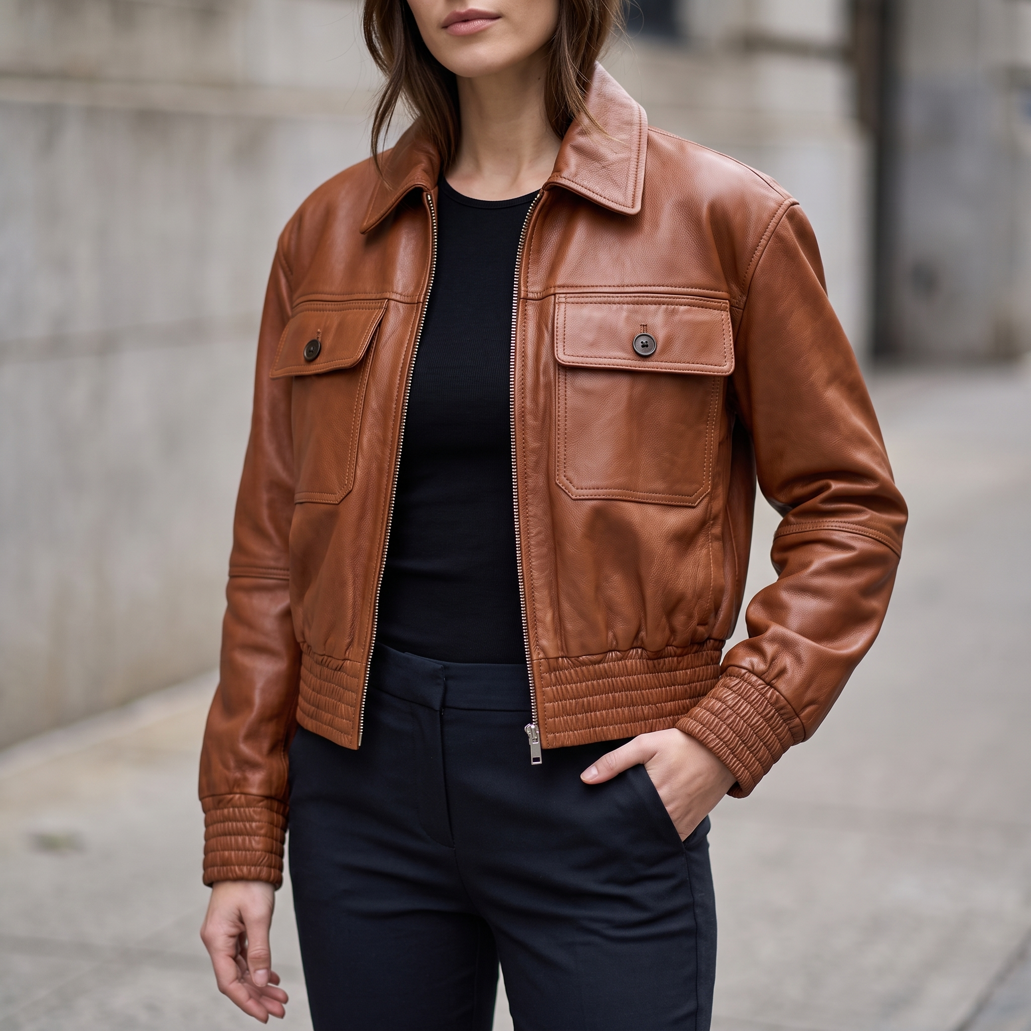 Maggie Cropped Lightweight Leather Aviator Jacket in Cognac