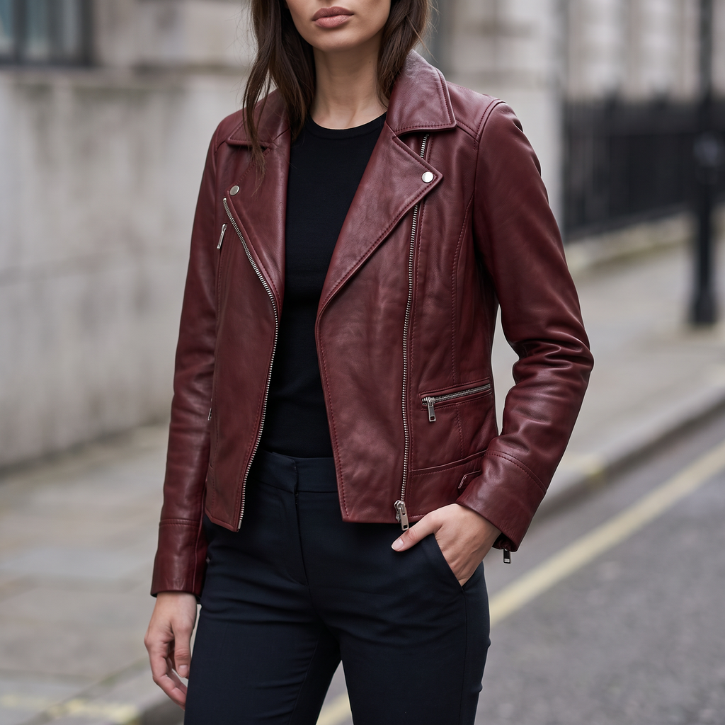 Marissa Asymmetric Leather Moto Jacket in Ox Red