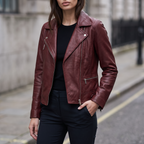 Marissa Asymmetric Leather Moto Jacket in Ox Red