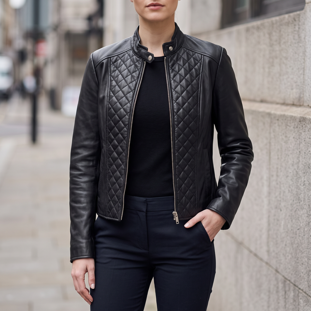 Marlette Quilted Leather Racer Jacket in Black
