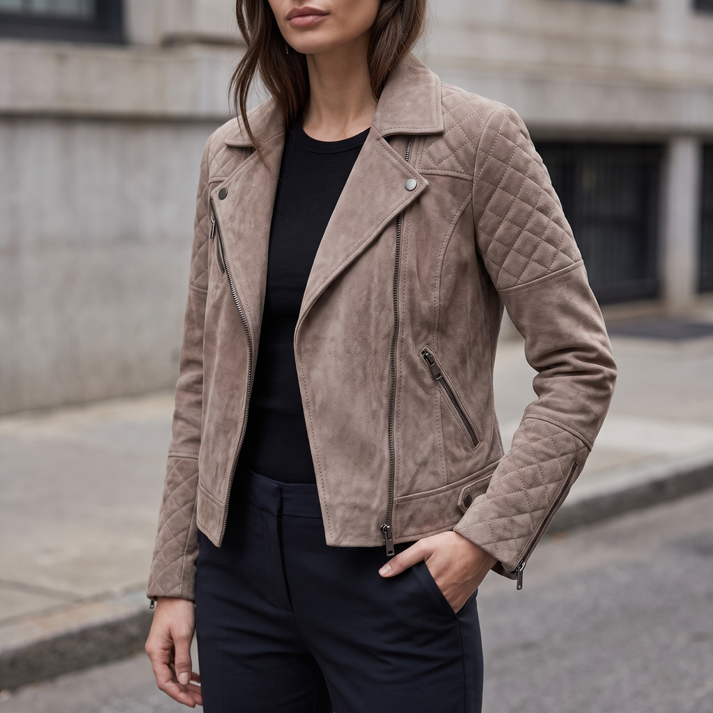 Madeline Suede Quilted Moto Jacket in Taupe