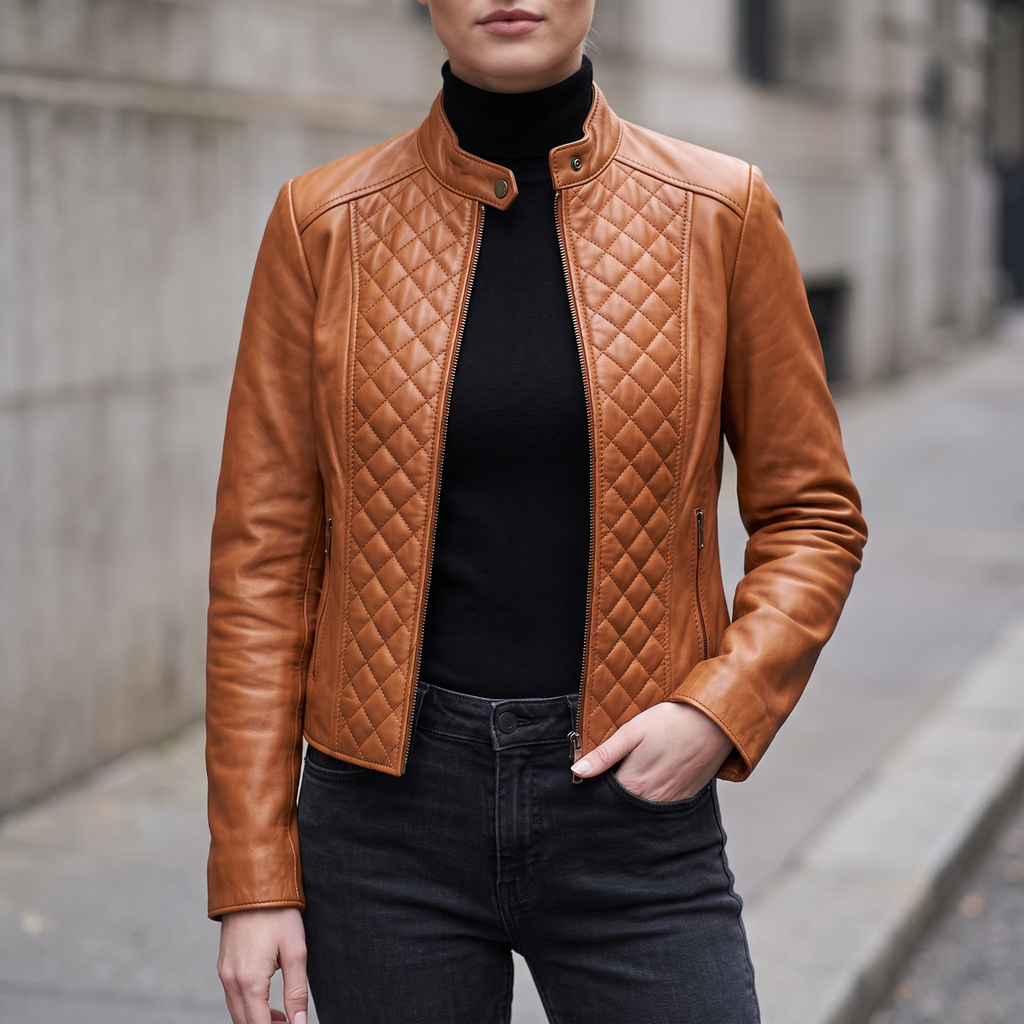 Marlette Quilted Leather Racer Jacket in Cognac
