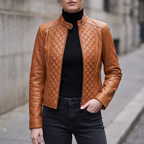 Marlette Quilted Leather Racer Jacket in Cognac