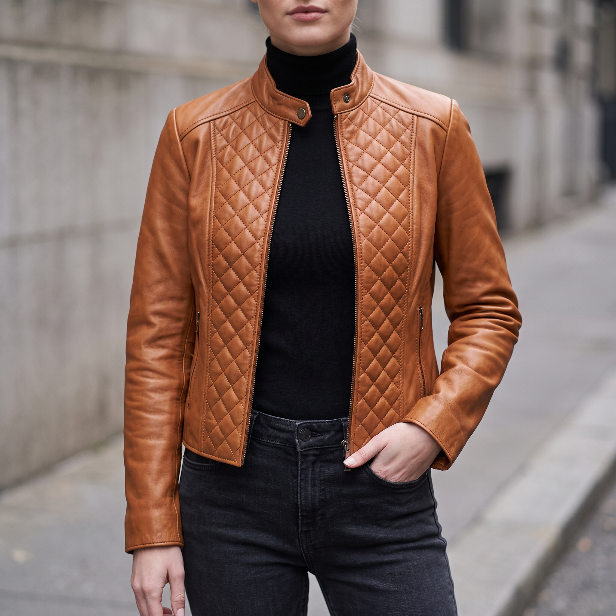 Marlette Quilted Leather Racer Jacket in Cognac