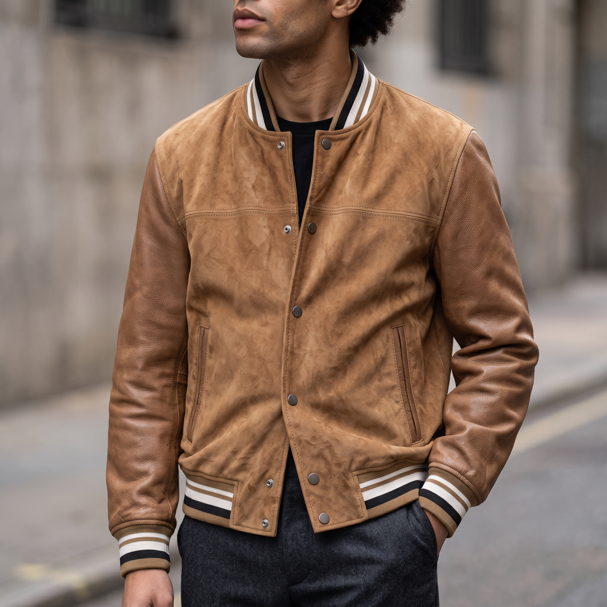 Micah Vintage Suede Varsity Jacket in Camel