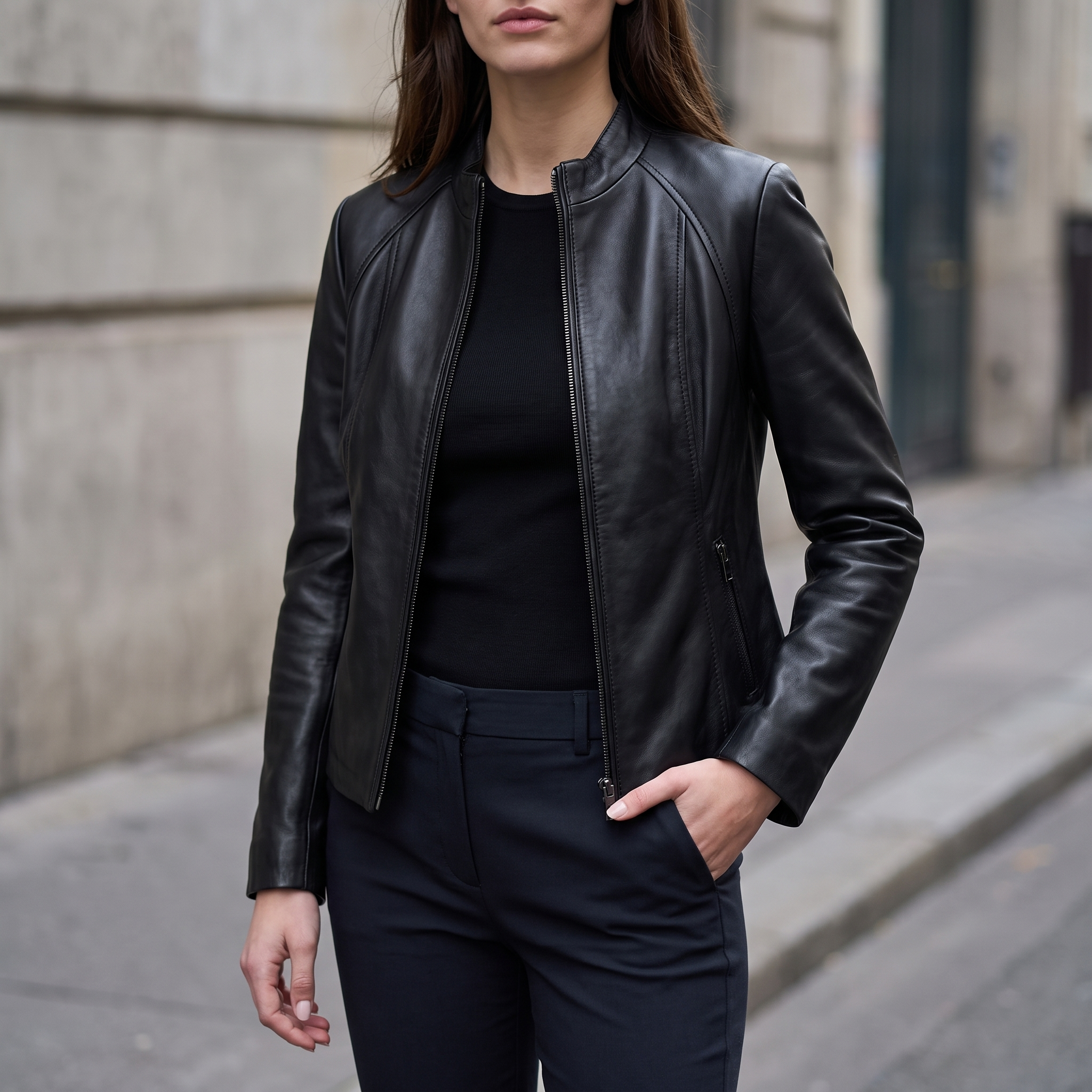 Meg Leather Scuba Jacket in Black