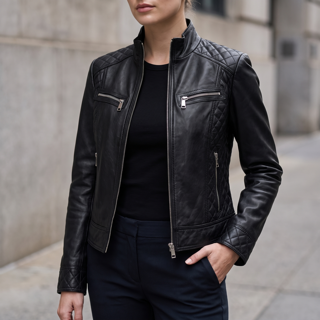 Mikel Leather Racer Jacket in Black