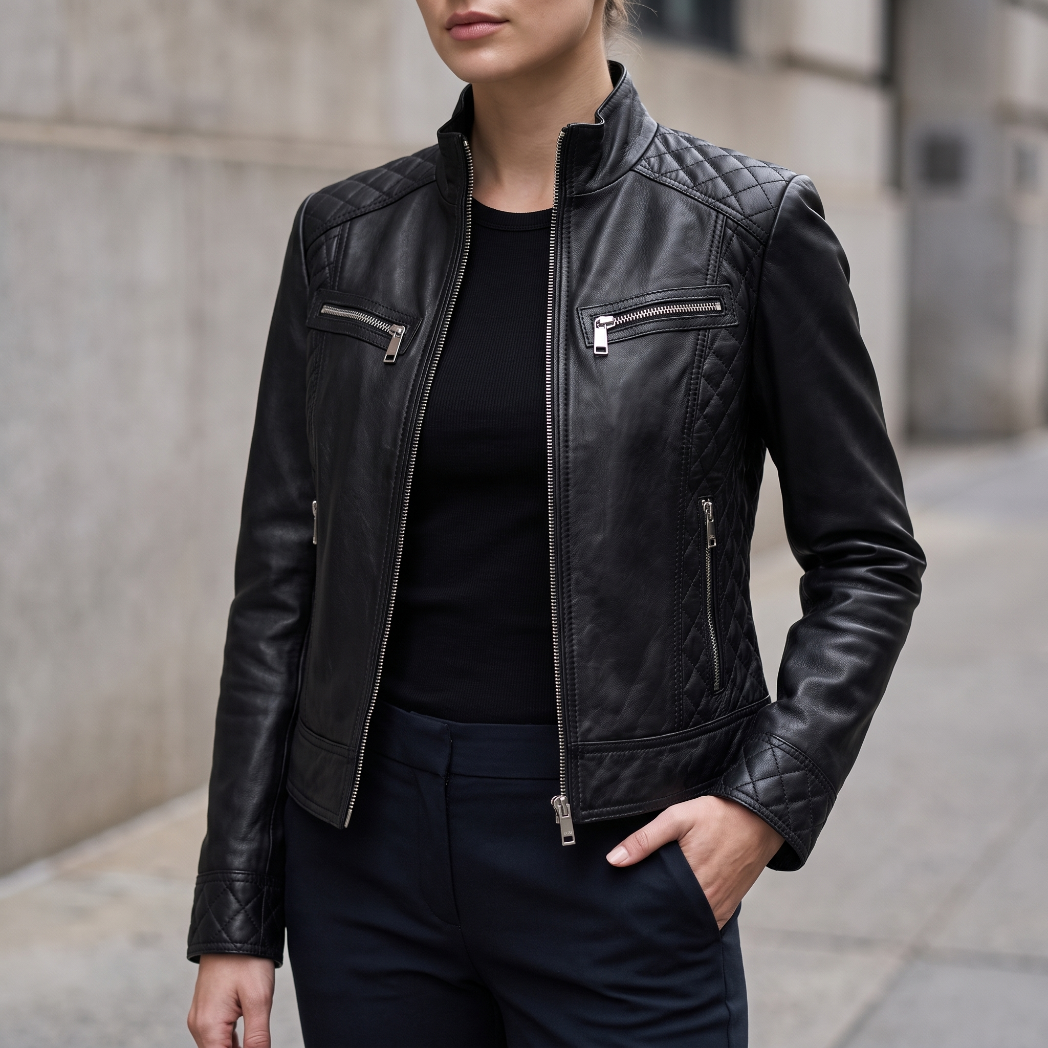 Mikel Leather Racer Jacket in Black