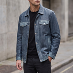 Nolan Leather Denim Shirt Jacket in Medium Blue