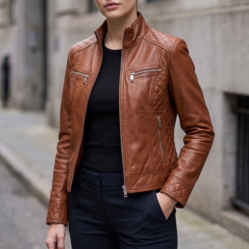 Mikel Leather Racer Jacket in Chestnut
