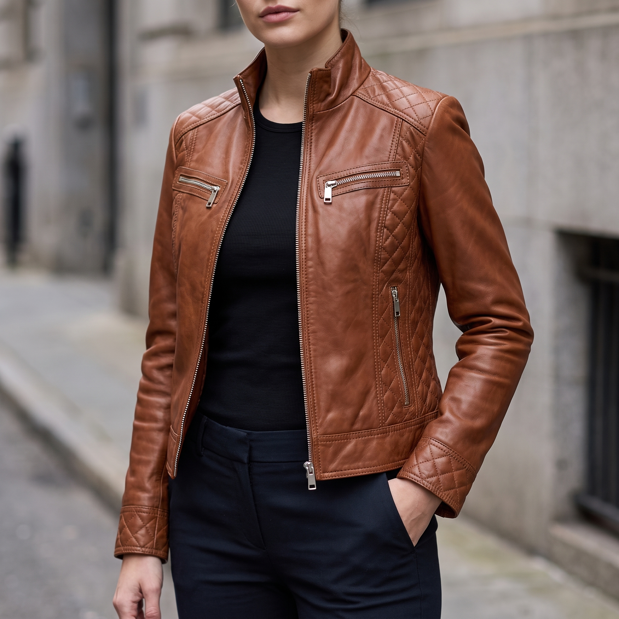 Mikel Leather Racer Jacket in Chestnut